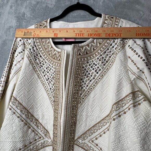 Chico’s Linen Ivory & Gold Open Front Tribal Jacket Size 3 XL Gold Tone Beading - Picture 7 of 8